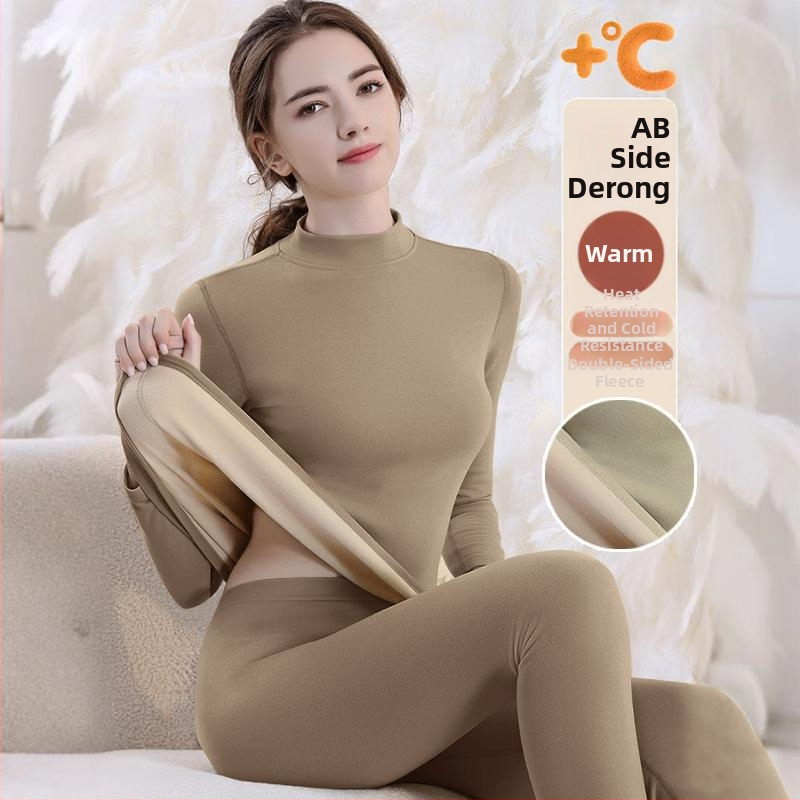 Set de lenjerie termică cu căptușeală din fleece, gros pentru toamnă și iarnă, tops și pantaloni termici pentru femei, țesătură periată pe ambele fețe