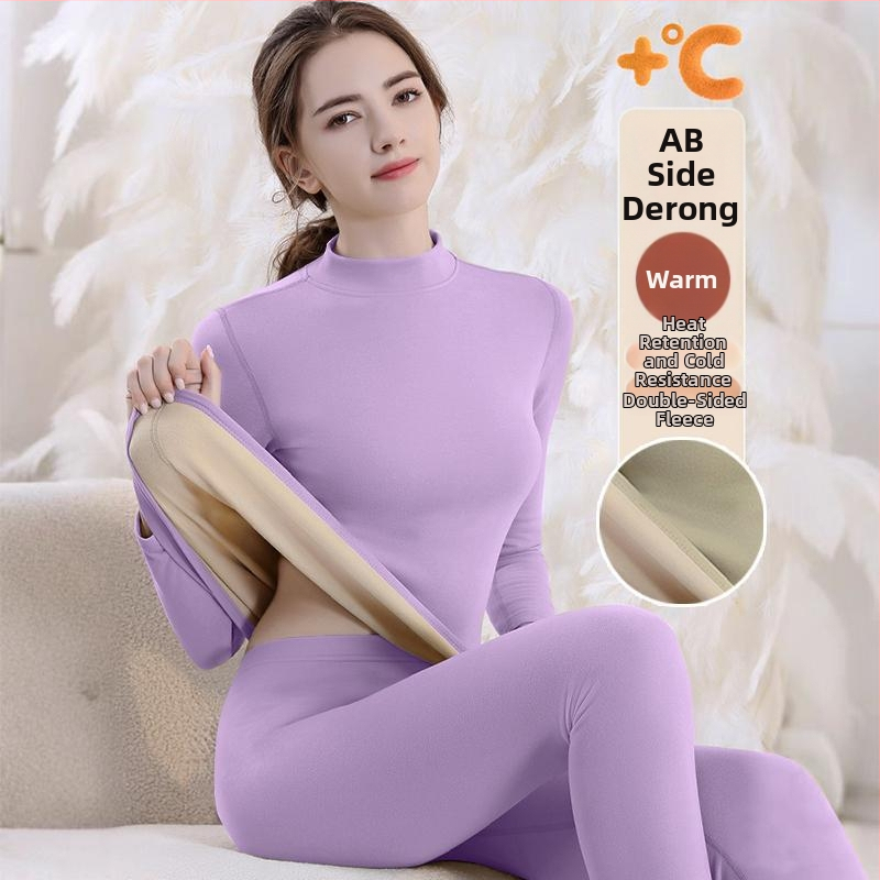 Set de lenjerie termică cu căptușeală din fleece, gros pentru toamnă și iarnă, tops și pantaloni termici pentru femei, țesătură periată pe ambele fețe