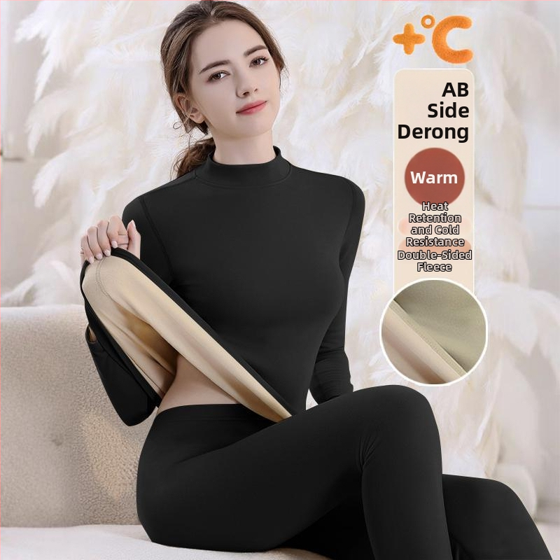 Set de lenjerie termică cu căptușeală din fleece, gros pentru toamnă și iarnă, tops și pantaloni termici pentru femei, țesătură periată pe ambele fețe