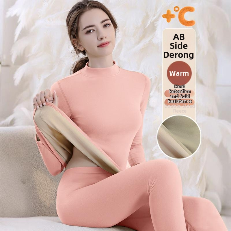 Set de lenjerie termică cu căptușeală din fleece, gros pentru toamnă și iarnă, tops și pantaloni termici pentru femei, țesătură periată pe ambele fețe