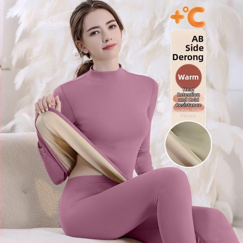 Set de lenjerie termică cu căptușeală din fleece, gros pentru toamnă și iarnă, tops și pantaloni termici pentru femei, țesătură periată pe ambele fețe