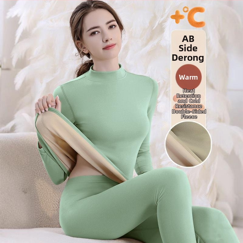Set de lenjerie termică cu căptușeală din fleece, gros pentru toamnă și iarnă, tops și pantaloni termici pentru femei, țesătură periată pe ambele fețe