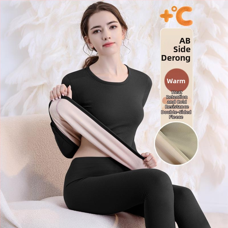 Set de lenjerie termică cu căptușeală din fleece, gros pentru toamnă și iarnă, tops și pantaloni termici pentru femei, țesătură periată pe ambele fețe