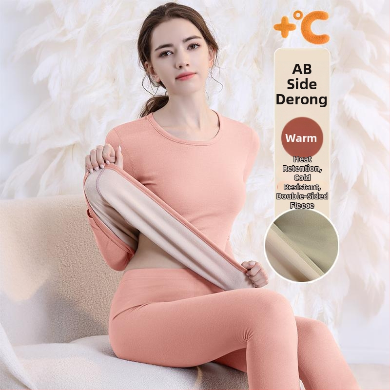 Set de lenjerie termică cu căptușeală din fleece, gros pentru toamnă și iarnă, tops și pantaloni termici pentru femei, țesătură periată pe ambele fețe