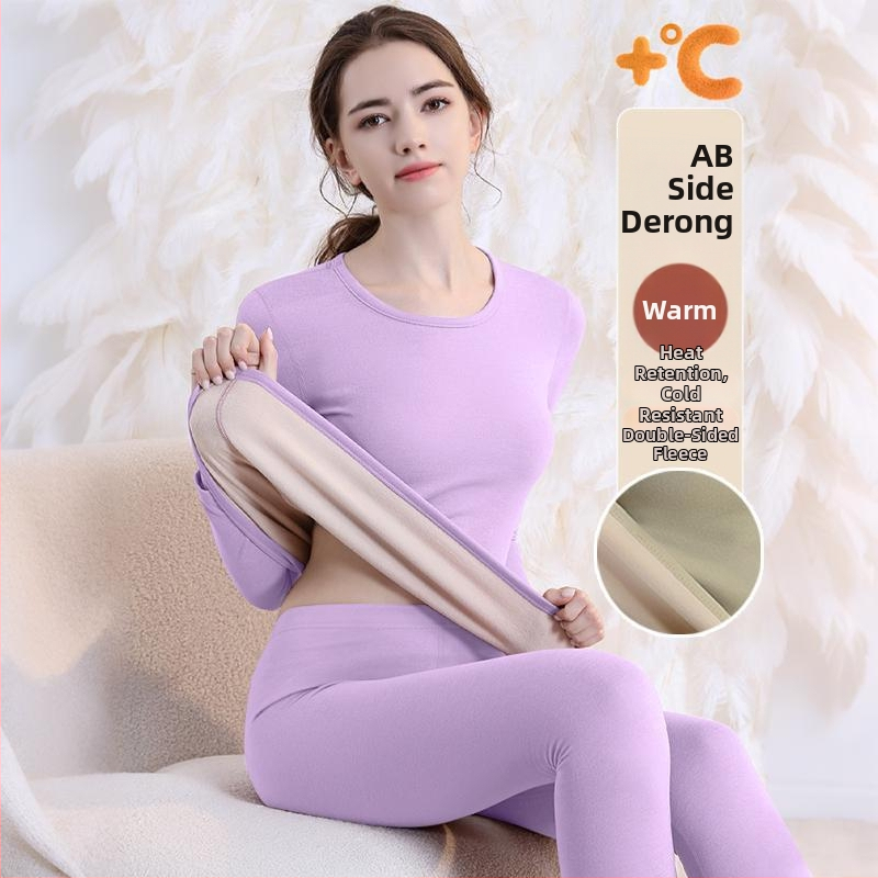 Set de lenjerie termică cu căptușeală din fleece, gros pentru toamnă și iarnă, tops și pantaloni termici pentru femei, țesătură periată pe ambele fețe