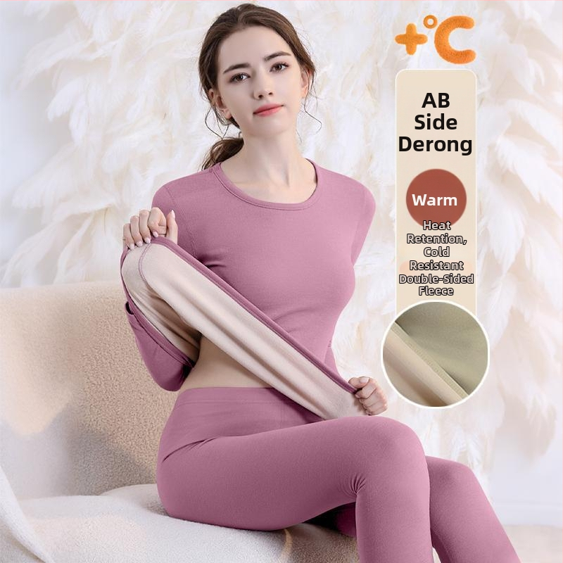 Set de lenjerie termică cu căptușeală din fleece, gros pentru toamnă și iarnă, tops și pantaloni termici pentru femei, țesătură periată pe ambele fețe