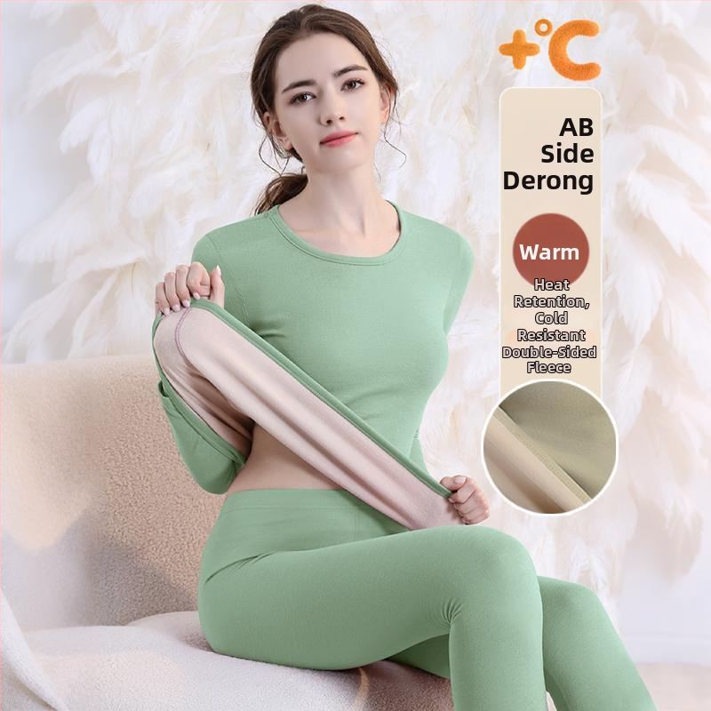 Set de lenjerie termică cu căptușeală din fleece, gros pentru toamnă și iarnă, tops și pantaloni termici pentru femei, țesătură periată pe ambele fețe