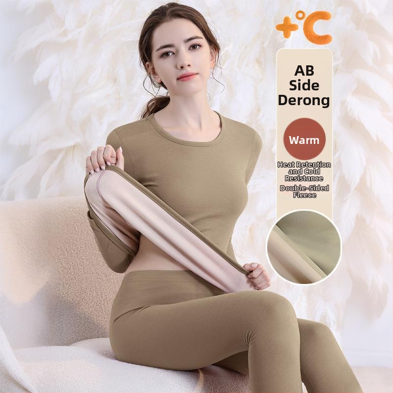 Set de lenjerie termică cu căptușeală din fleece, gros pentru toamnă și iarnă, tops și pantaloni termici pentru femei, țesătură periată pe ambele fețe
