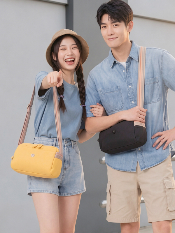 Geantă de damă din nailon, crossbody, multicoloră, cu mai multe compartimente, stil cameră, formă pătrată, mărime medie