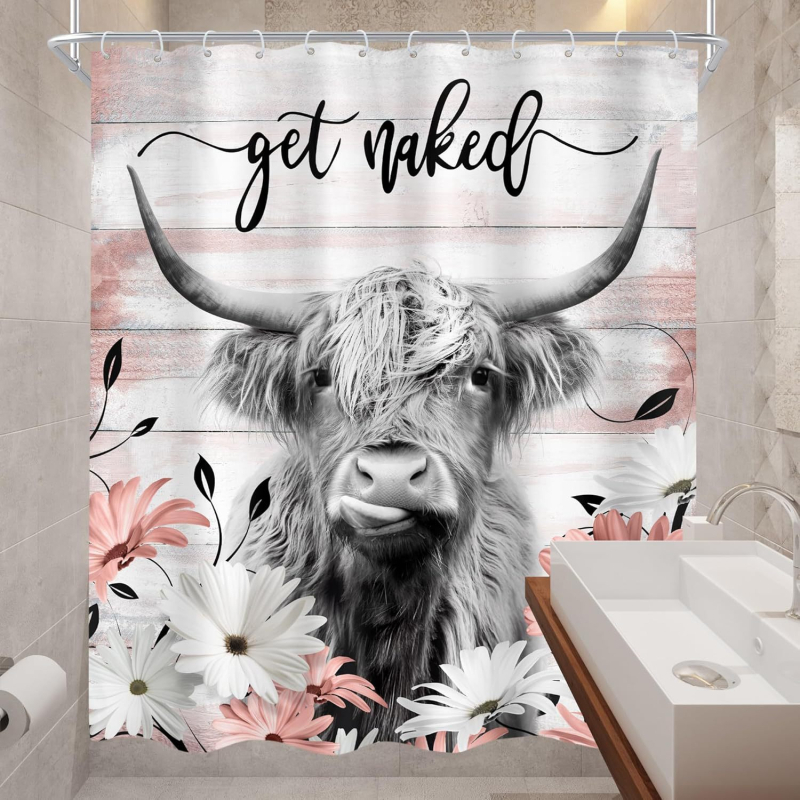 Дървен параван за душ с флорални мотиви на крави и бикове, селски стил за баня, без пробиване
