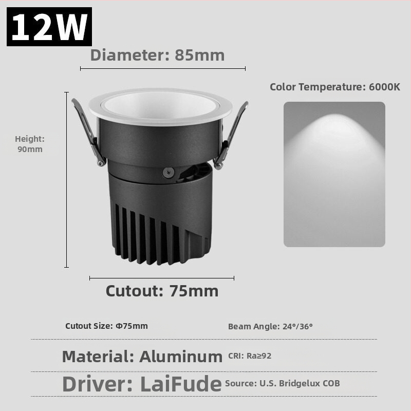 Вградена LED прожектор антиотразяващ за стена, осветление за хол и таван, цилиндричен downlight с прорез 75 мм