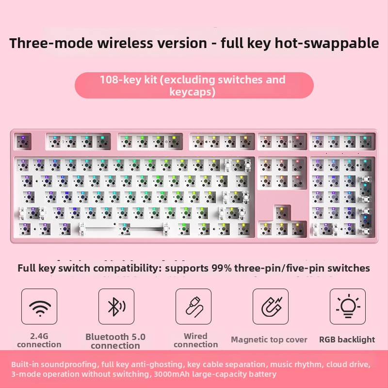 87 клавиша безжична механична клавиатура комплект с 2,4G и Bluetooth и три режима, RGB осветление, персонализируеми гнезда за превключватели, DIY