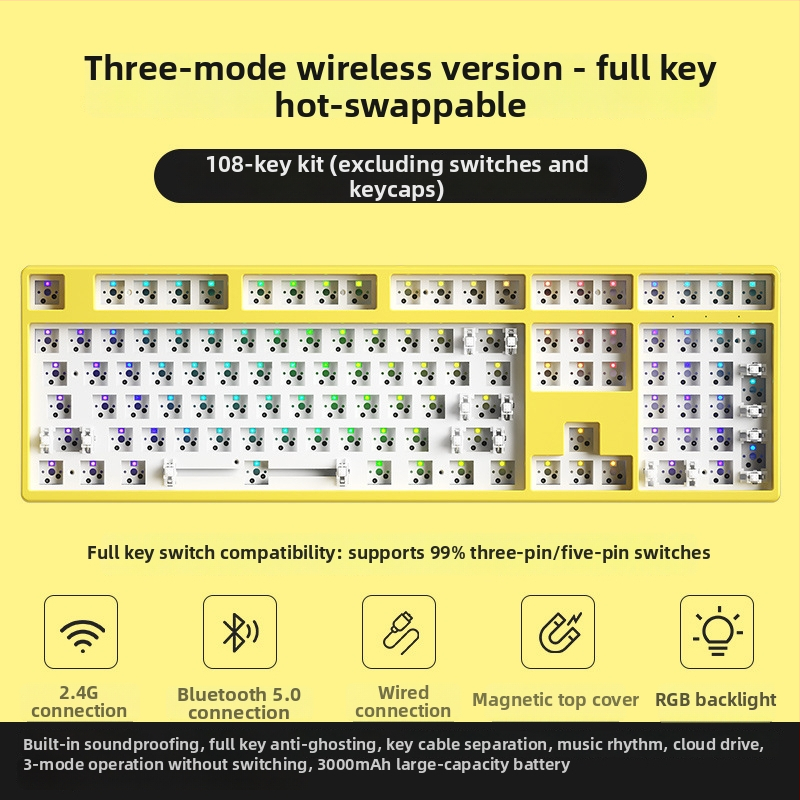 87 клавиша безжична механична клавиатура комплект с 2,4G и Bluetooth и три режима, RGB осветление, персонализируеми гнезда за превключватели, DIY