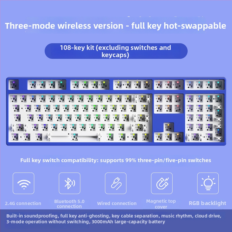 87 клавиша безжична механична клавиатура комплект с 2,4G и Bluetooth и три режима, RGB осветление, персонализируеми гнезда за превключватели, DIY