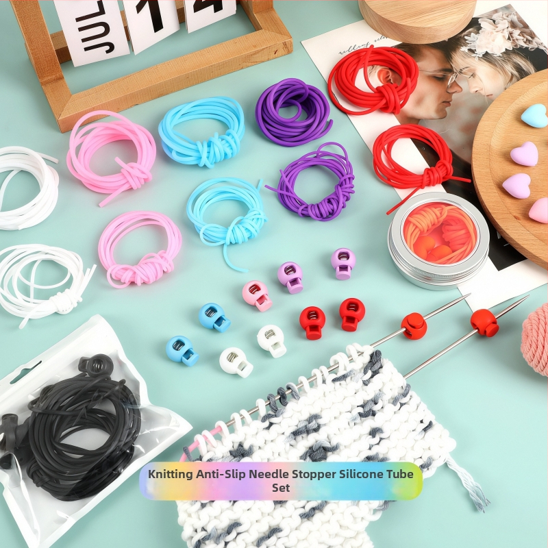 Set tuburi din silicon antiderapante pentru tricotat, unelte DIY pentru ace, opritoare pentru ace, ghid roz pentru ață