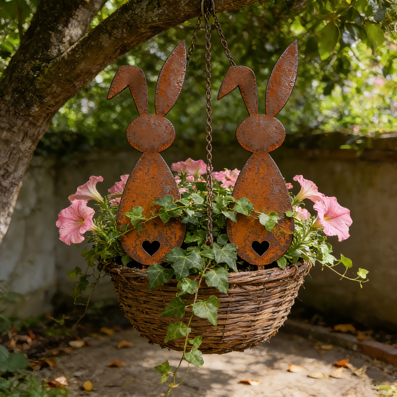 Iepure din fier, culoare ruginită, sprijin pentru grădină – decor exterior de Paște, în stil rural