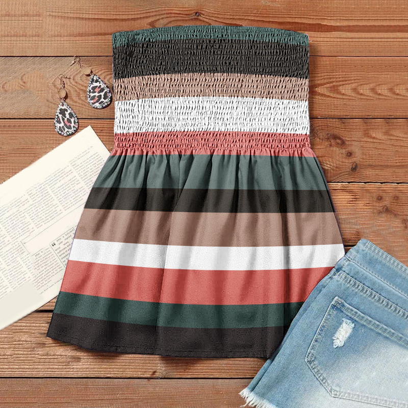 Top de vară fără bretele pentru femei, imprimeu, talie elastică și design wrap la bust, pentru siluetă subțire
