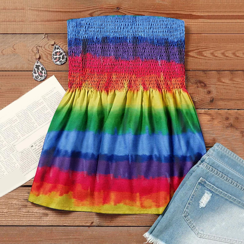 Top de vară fără bretele pentru femei, imprimeu, talie elastică și design wrap la bust, pentru siluetă subțire