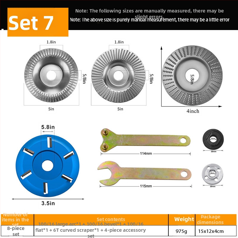 Polizor unghiular manual cu lanț dublu pentru prelucrarea lemnului — set pentru tăiere, canelare și șlefuire