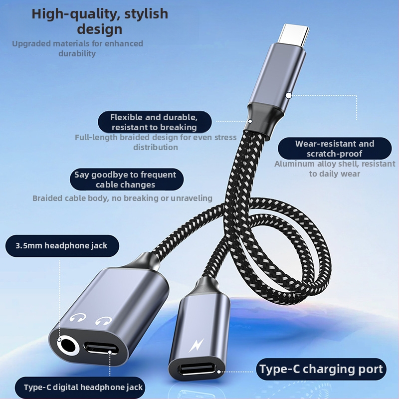 Adaptér pre slúchadlá z typu C na 3,5 mm s nabíjacím portom, multifunkčný, dva v jednom, pre telefóny a tablety so systémom Android