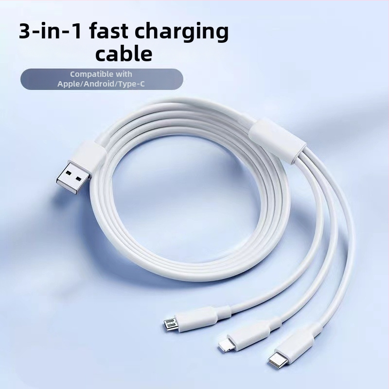 Cablu alb 3 în 1 de 6A pentru încărcare rapidă, cu conectori Mini USB, Micro USB și Type-C pentru Apple, Android, Huawei și Xiaomi.