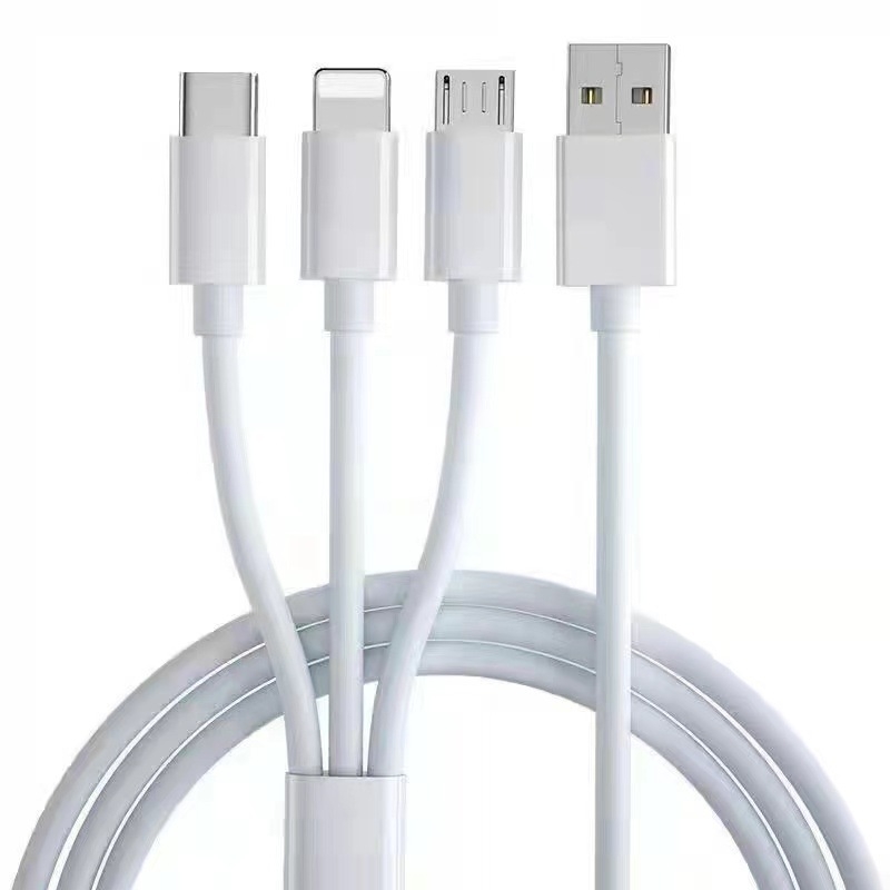 Cablu alb 3 în 1 de 6A pentru încărcare rapidă, cu conectori Mini USB, Micro USB și Type-C pentru Apple, Android, Huawei și Xiaomi.