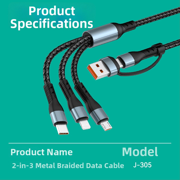 J305 cablu de date și încărcare împletit, 5 în 1, USB-C, Lightning și Micro USB, lungime 1,2 m, negru, încărcare rapidă până la 120W