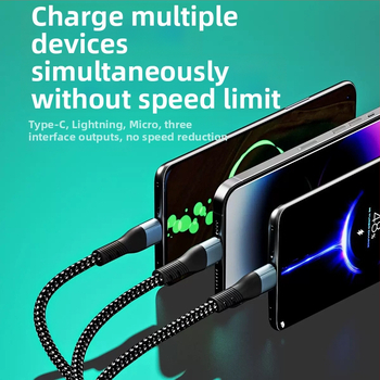 J305 cablu de date și încărcare împletit, 5 în 1, USB-C, Lightning și Micro USB, lungime 1,2 m, negru, încărcare rapidă până la 120W