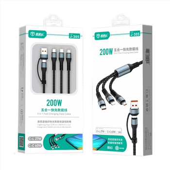 J305 cablu de date și încărcare împletit, 5 în 1, USB-C, Lightning și Micro USB, lungime 1,2 m, negru, încărcare rapidă până la 120W