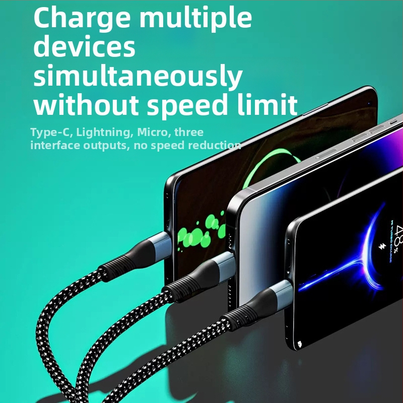 Opletený nabíjací a dátový kábel J305 5 v 1 s USB-C, Lightning a Micro USB, 1,2 m, čierny, rýchle nabíjanie až 120 W