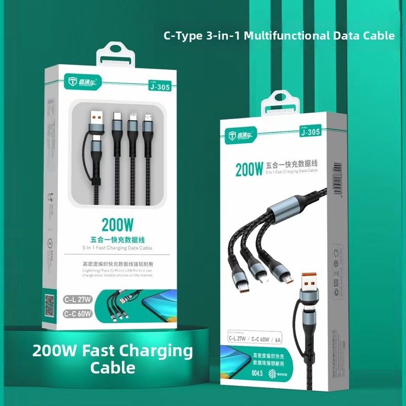J305 cablu de date și încărcare împletit, 5 în 1, USB-C, Lightning și Micro USB, lungime 1,2 m, negru, încărcare rapidă până la 120W