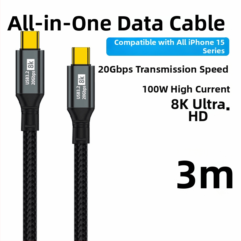 Cablul dual Type-C pentru date, încărcare rapidă de 100W, proiecție ecran 8K HD, pentru telefoane și tablete, transfer de date la viteză mare