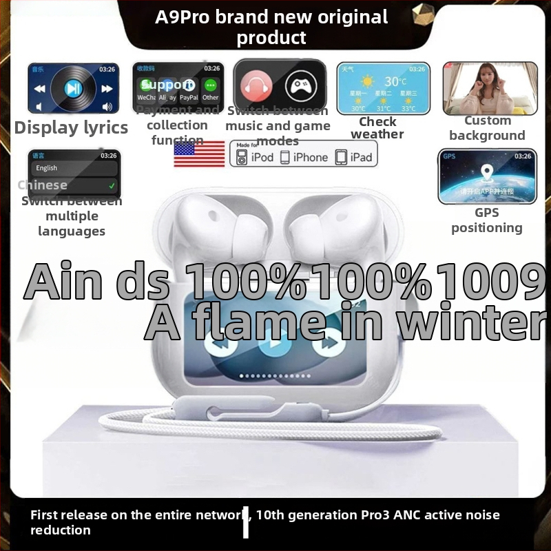 Noul A9Pro căști TWS fără fir cu ecran color, touchscreen, ANC, pentru sport, convorbiri și muzică, Bluetooth 5.4