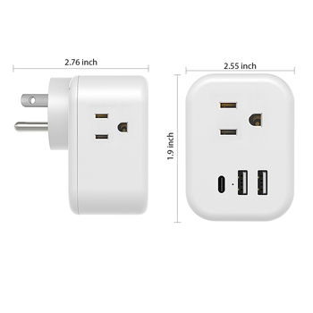Priză de perete standard SUA, 3 prize, prelungitor multiplu, 5V 2.1A, compact, ETL certificat
