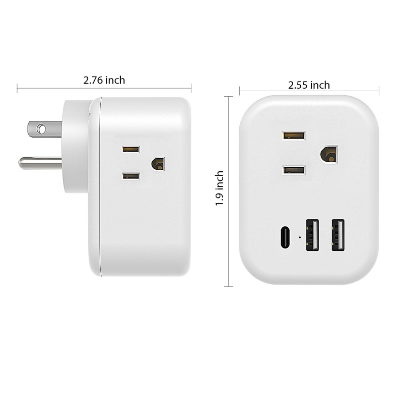 Priză de perete standard SUA, 3 prize, prelungitor multiplu, 5V 2.1A, compact, ETL certificat