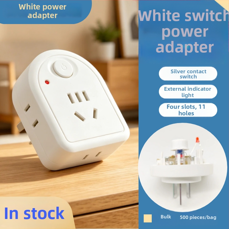 Adaptor de alimentare alb, cu întrerupător cu contacte argintii, 4 poziții și 11 prize, indicator roșu, 10A, adaptor multipriză de la o priză la mai multe prize