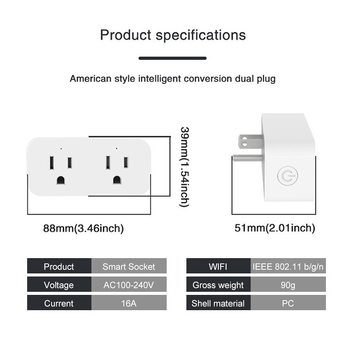Priză WiFi inteligentă cu două prize, 16A, standard SUA, temporizare și control de la distanță
