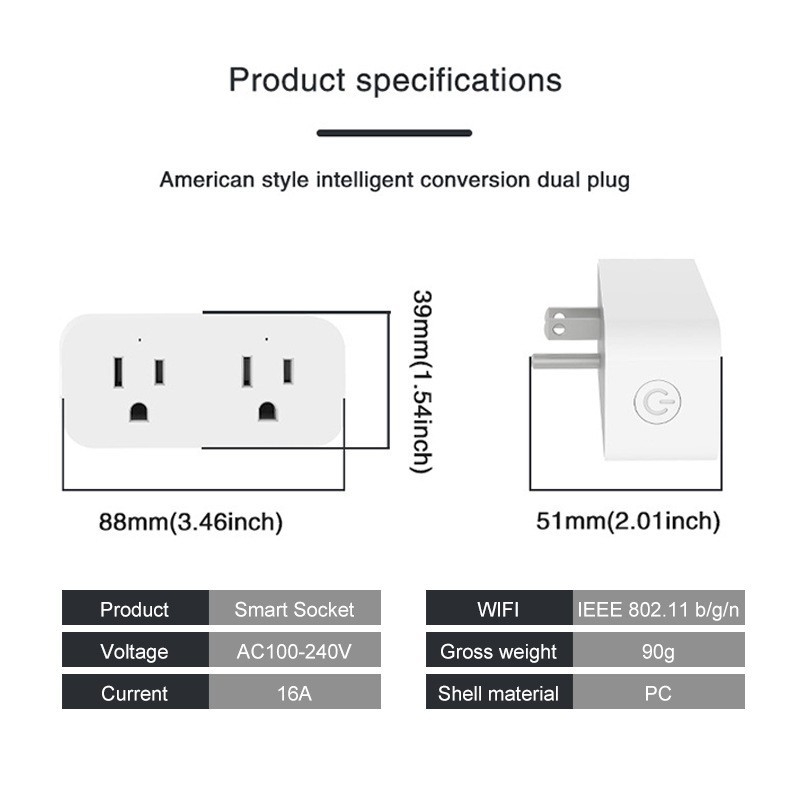 Priză WiFi inteligentă cu două prize, 16A, standard SUA, temporizare și control de la distanță