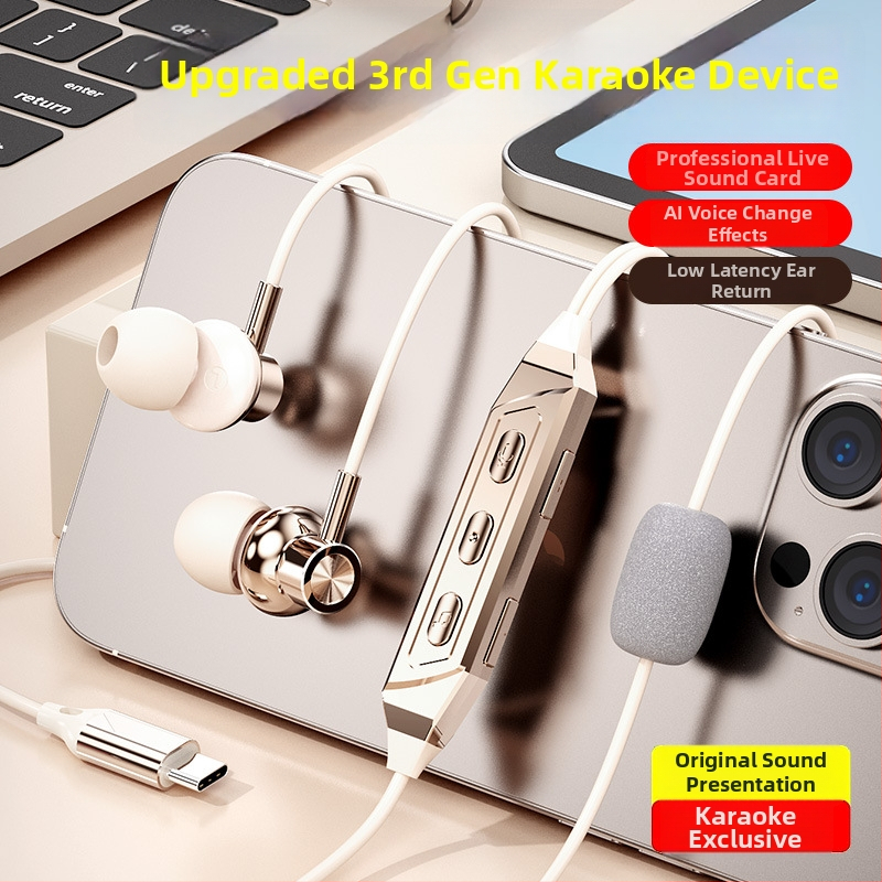K6 căști in-ear cu fir și card de sunet încorporat pentru karaoke, jocuri, înregistrare și transmisie în direct, Type-C