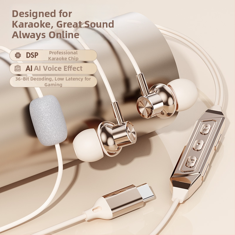 K6 căști in-ear cu fir și card de sunet încorporat pentru karaoke, jocuri, înregistrare și transmisie în direct, Type-C