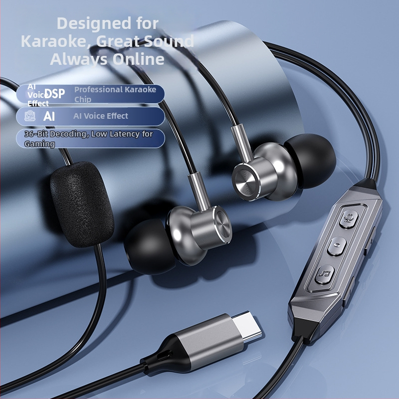 K6 căști in-ear cu fir și card de sunet încorporat pentru karaoke, jocuri, înregistrare și transmisie în direct, Type-C