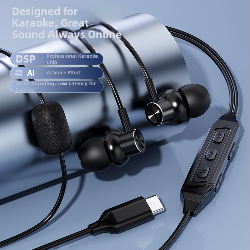 K6 căști in-ear cu fir și card de sunet încorporat pentru karaoke, jocuri, înregistrare și transmisie în direct, Type-C
