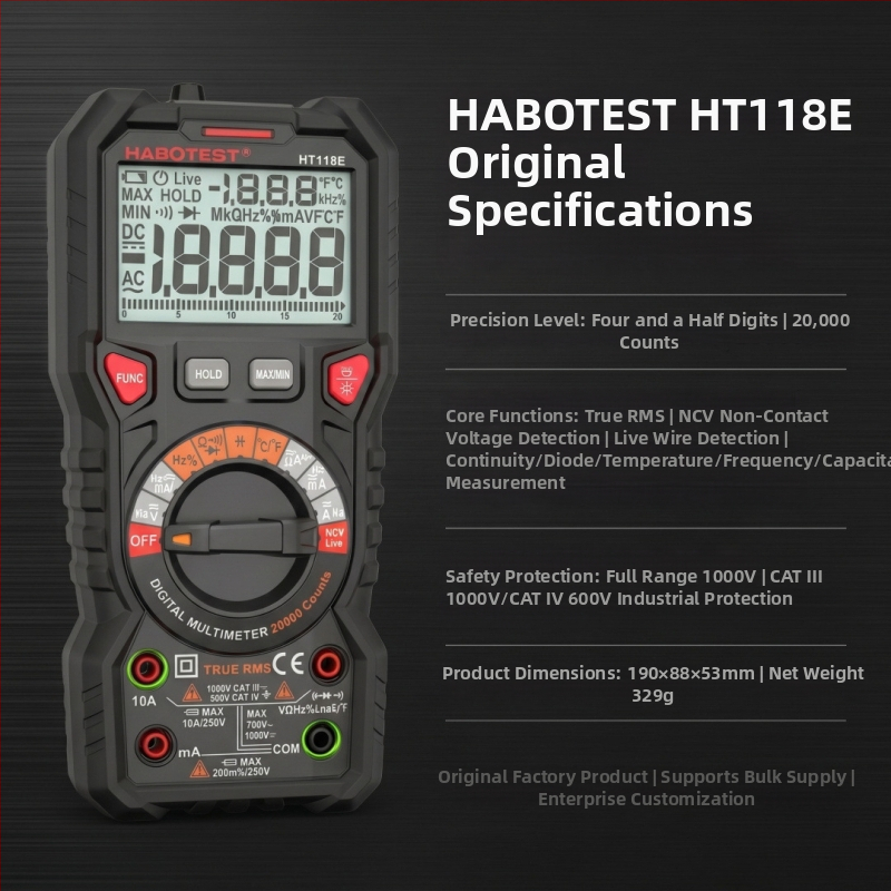 Multimeter HT118E pre elektrikárov, 20 000 meraní, automatické nastavenie rozsahu, True RMS, dvojfarebné podsvietenie, ochrana proti prepáleniu.