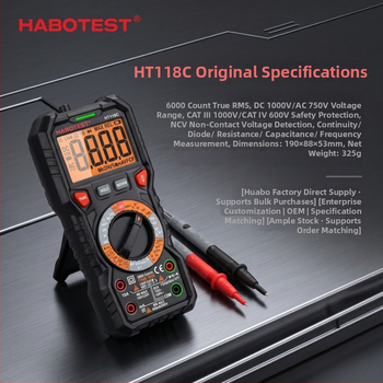 Multimetru Huabo HT118C, 6000 valori, True RMS, iluminare din spate cu două culori, detecție NCV, instrument pentru electricieni cu protecție împotriva arderii