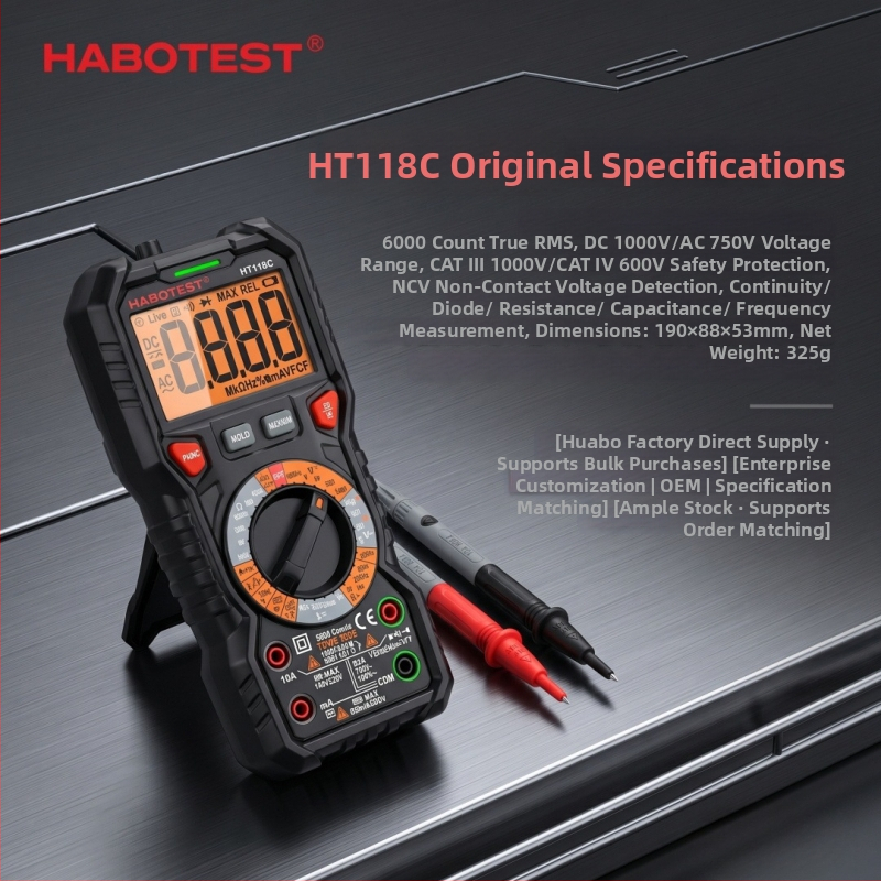 Multimetru Huabo HT118C, 6000 valori, True RMS, iluminare din spate cu două culori, detecție NCV, instrument pentru electricieni cu protecție împotriva arderii