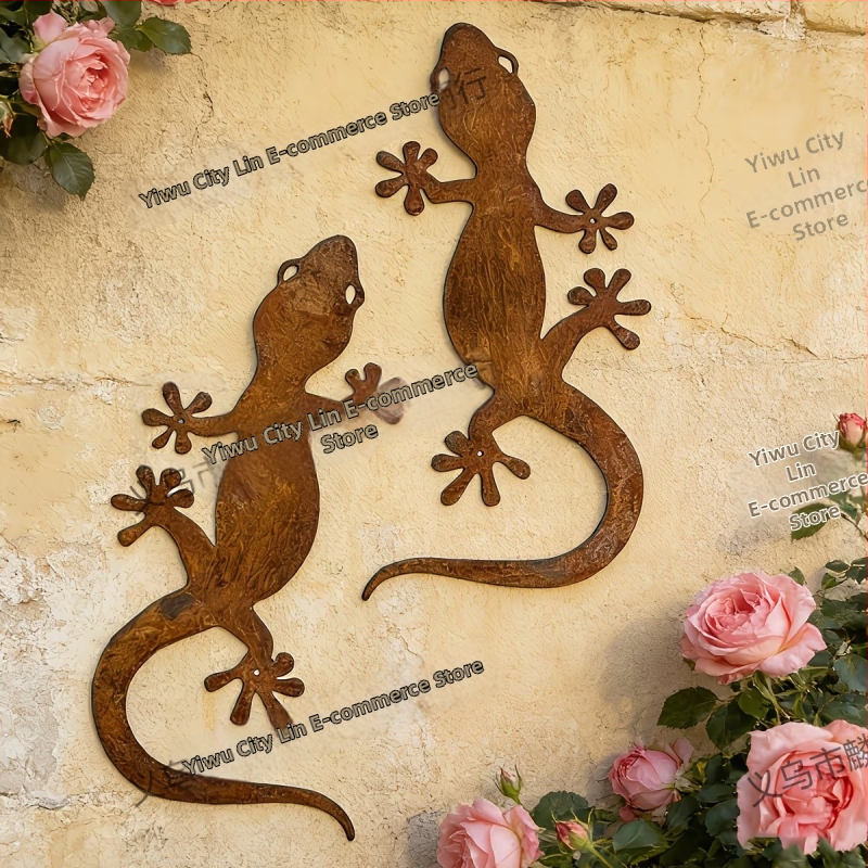 Gecko metal ruginit, decor de perete în siluetă pentru grădină