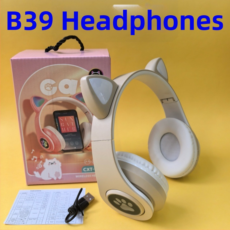 Căști Bluetooth B39M cu urechi de pisică și iluminare, over-ear, fără fir pentru telefoane mobile