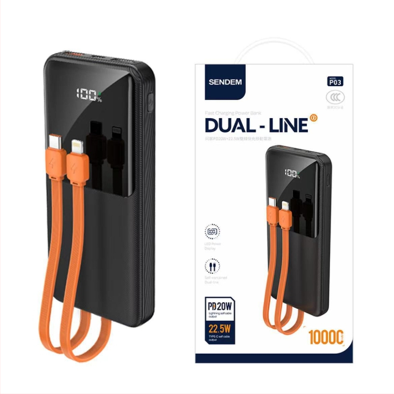 Baterie externă cu cablu încorporat, încărcare rapidă 22,5W, capacitate mare 10000/20000mAh