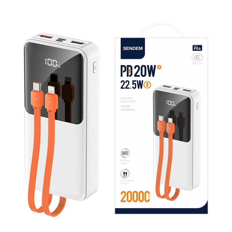 Baterie externă cu cablu încorporat, încărcare rapidă 22,5W, capacitate mare 10000/20000mAh