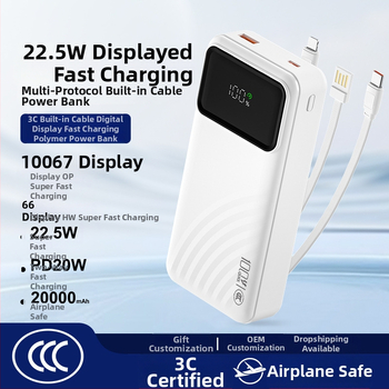 Power bank certificat 3C pentru încărcare rapidă, capacitate mare, cablu încorporat, afișaj digital inteligent, încărcare rapidă PD, 20000mAh